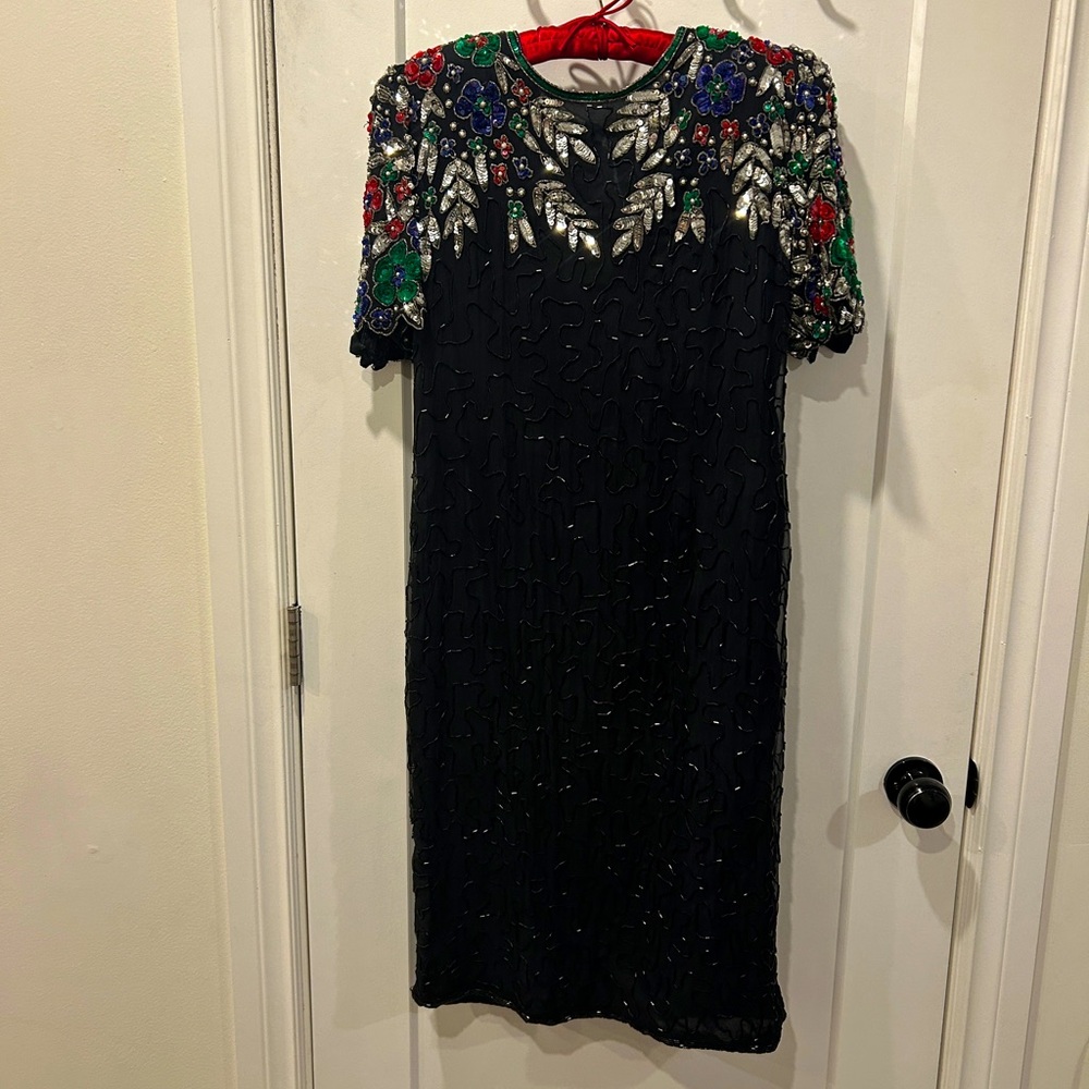 Vintage Elegant Black Silk Dress with Colourful floral beading - Picture 1 of 17